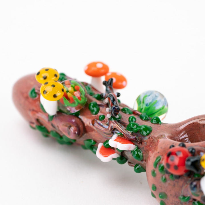 Empire Glassworks Bug's Life Small Spoon Pipe, mushroom and ladybug detail