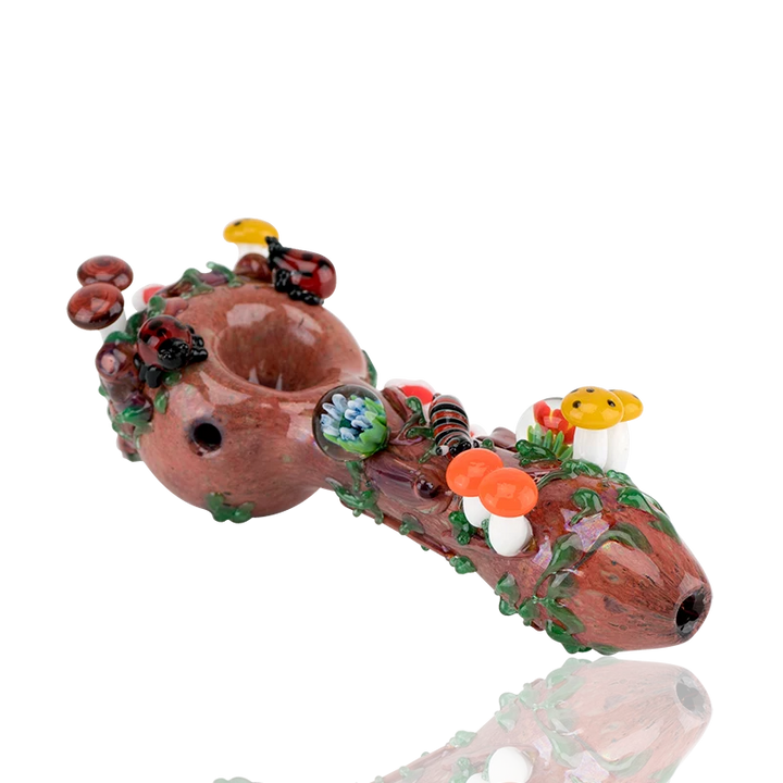 Empire Glassworks Bug's Life Small Spoon Pipe, 4.5" borosilicate mossy log with sculpted mushrooms and garden critters
