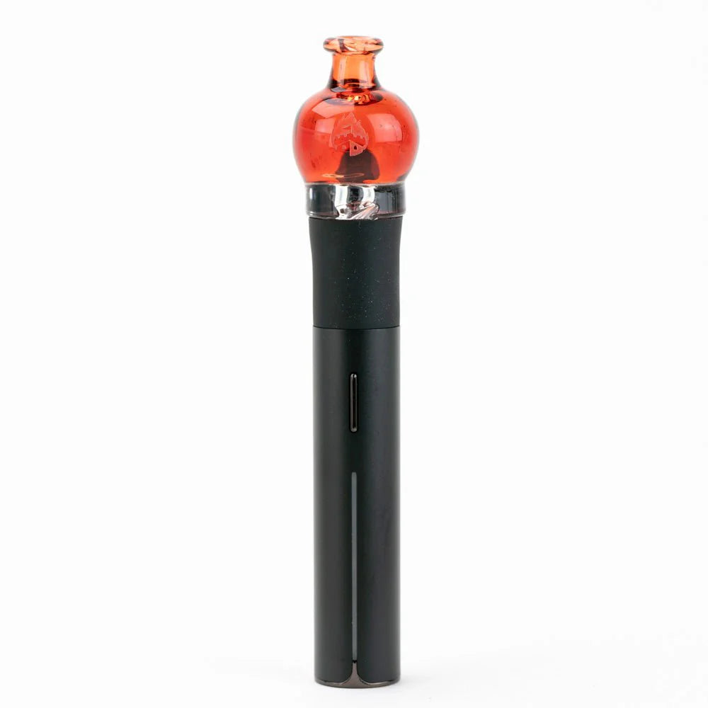 Empire Glassworks bulb pivot top installed on Puffco Pivot with transparent red glass showing rounded airflow chamber