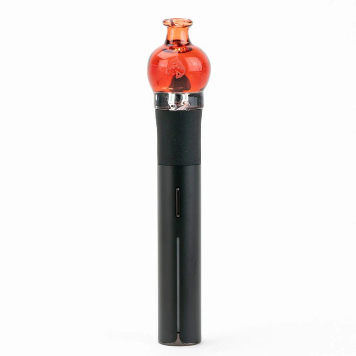 Empire Glassworks bulb pivot top installed on Puffco Pivot with transparent red glass showing rounded airflow chamber