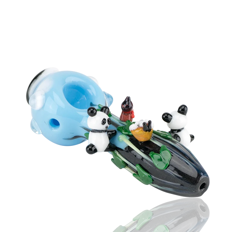 Empire Glassworks Climbing Pandas Small Spoon Pipe, 4.25" borosilicate glass with three sculpted pandas on a dark green bamboo body and a sky-blue bowl