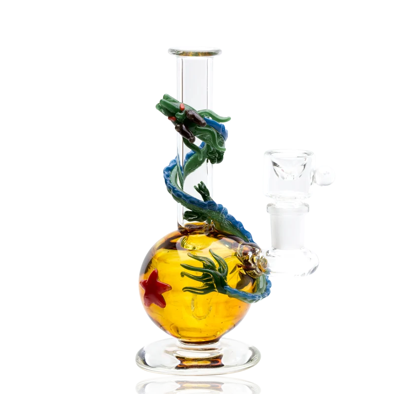 Empire Glassworks Dragon Sphere Mini Rig – amber star-marked sphere mini rig with a green-and-blue dragon coiled up the clear neck, with its included clear 14mm Empire bowl