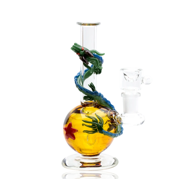 Empire Glassworks Dragon Sphere Mini Rig – amber star-marked sphere mini rig with a green-and-blue dragon coiled up the clear neck, with its included clear 14mm Empire bowl