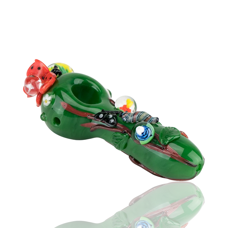 Empire Glassworks Garden Critters Small Spoon Pipe, 4.5" deep green borosilicate with flower implosion marbles, white daisies and a sculpted red ladybug