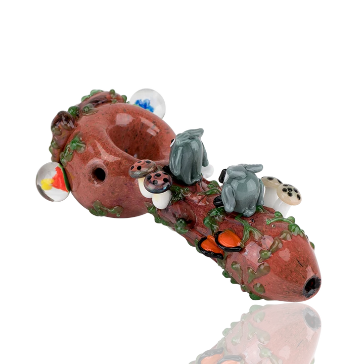 Empire Glassworks Hootie's Forest Small Spoon Pipe, 4.5" terracotta borosilicate log with a sculpted mother owl and three chicks, spotted mushrooms and green vines