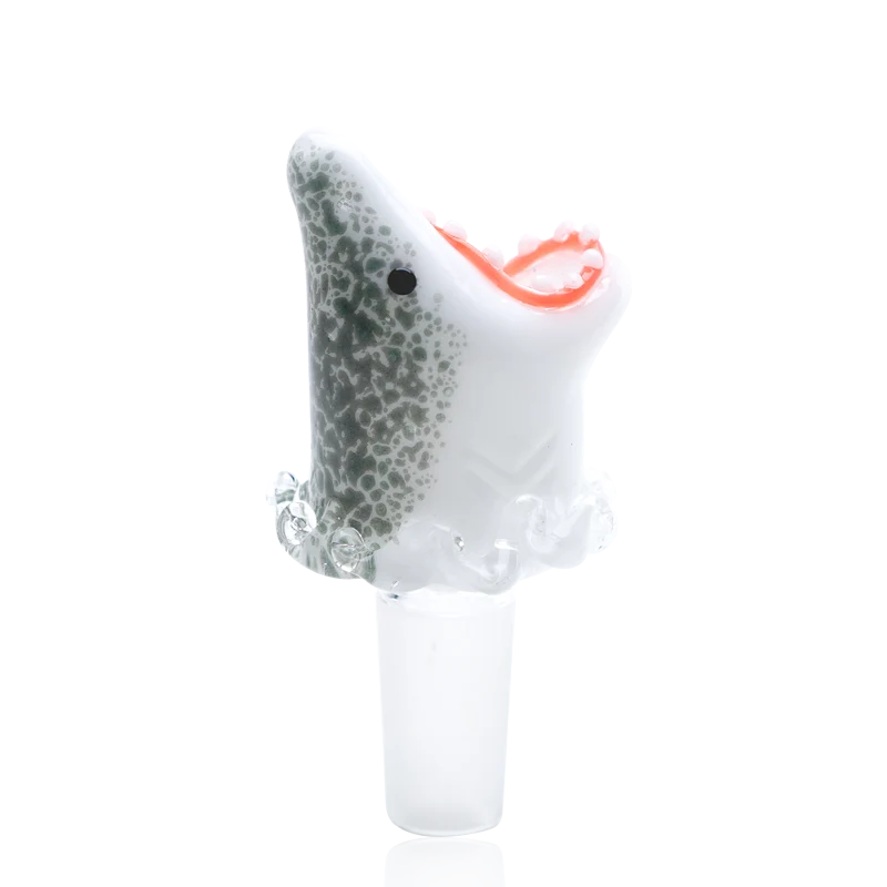 Empire Glassworks Jawsome Slide 14mm – white and speckled-gray shark glass bowl piece leaping from clear glass waves on a frosted 14mm male joint