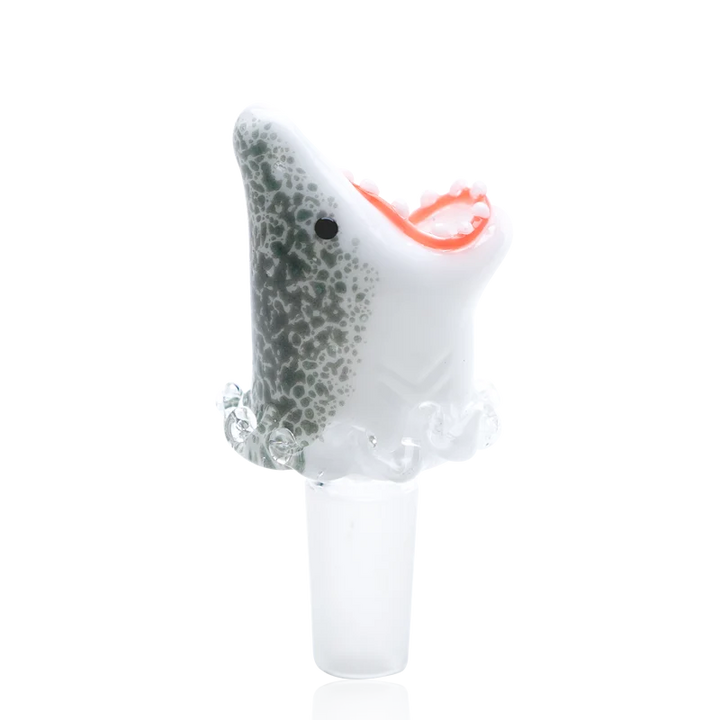 Empire Glassworks Jawsome Slide 14mm – white and speckled-gray shark glass bowl piece leaping from clear glass waves on a frosted 14mm male joint