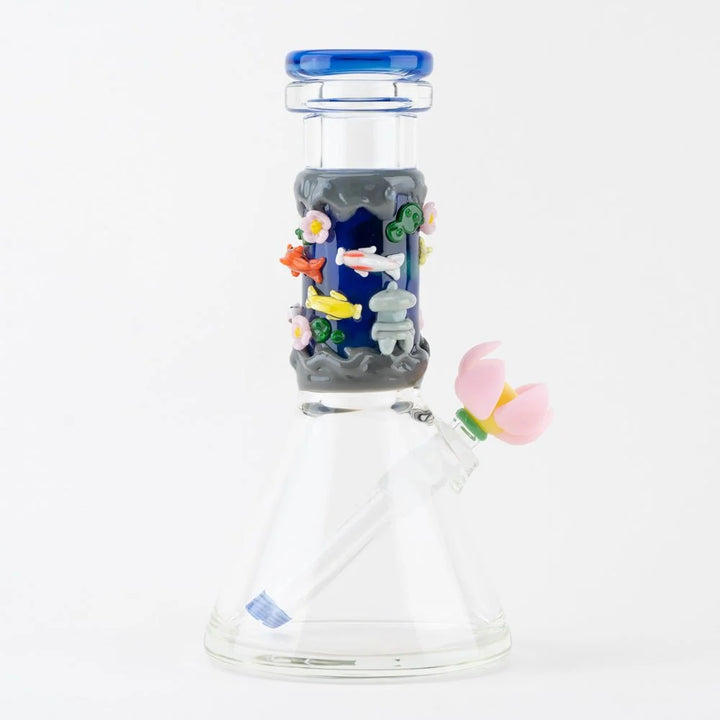 Empire Glassworks art glass beaker with koi and lotus details