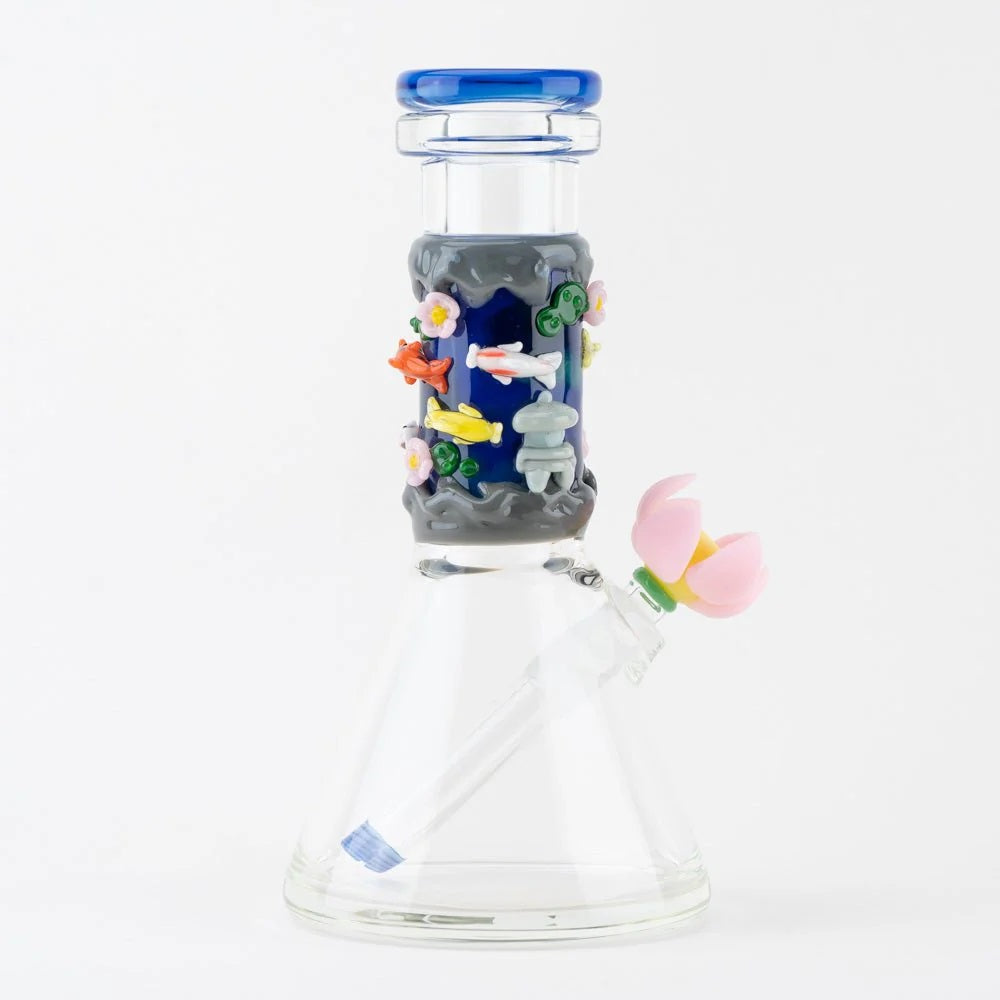 Empire Glassworks art glass beaker with koi and lotus details
