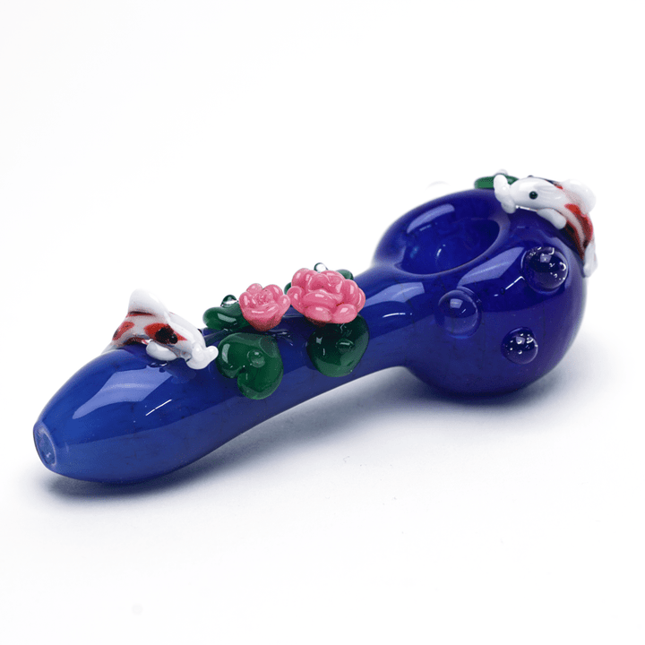 Empire Glassworks Koi Pond Pipe Small reverse angle – two pink lotus blooms on lily pads and a second koi near the mouthpiece