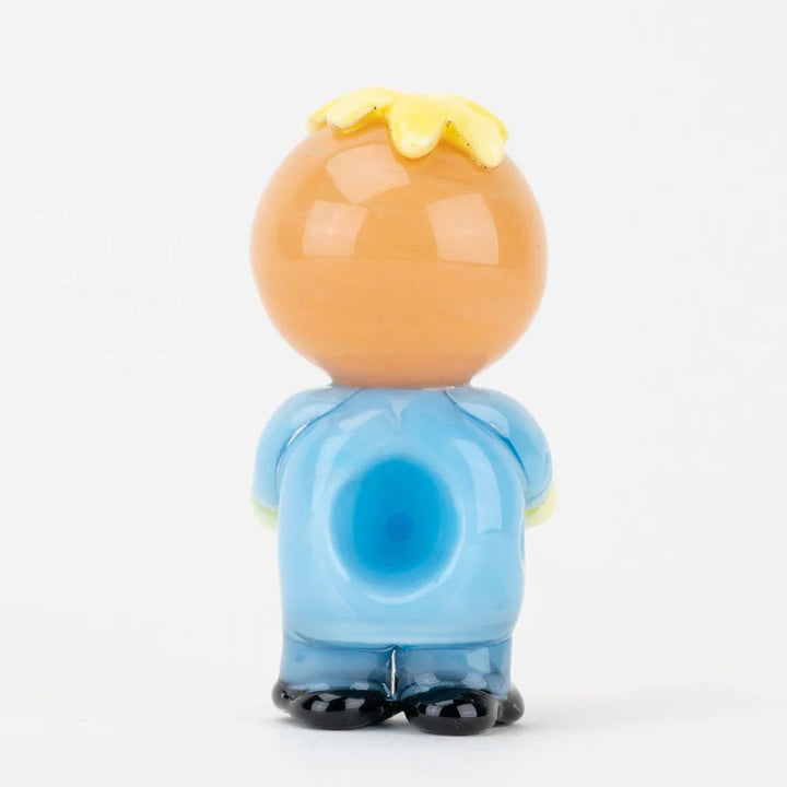 Empire Glassworks Margarine Man Pipe — Butters-inspired South Park glass hand pipe, back angle showing sculpted hair