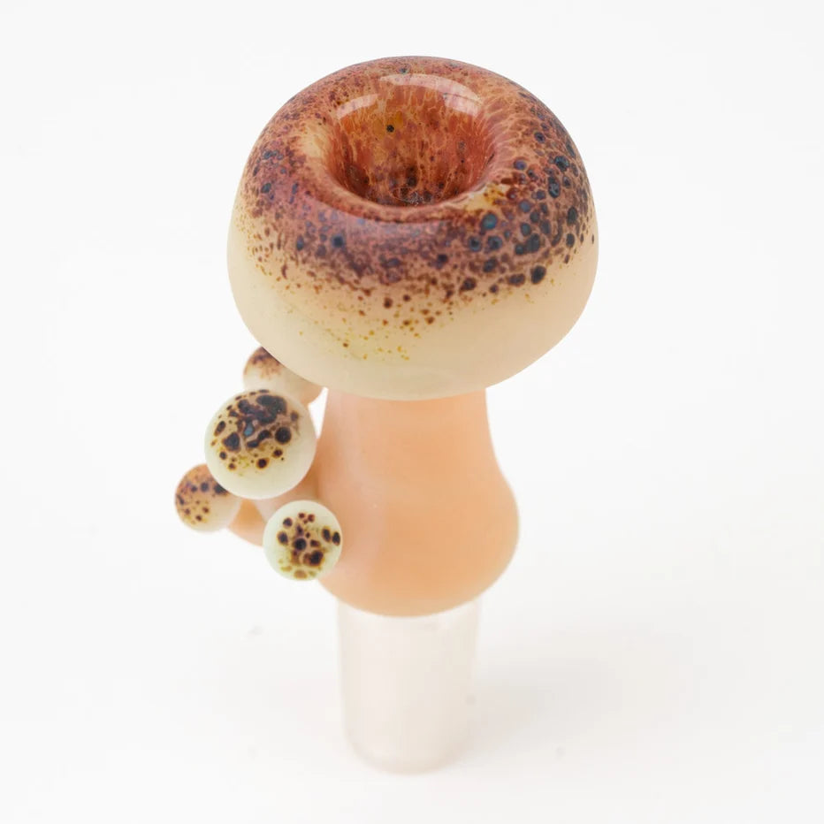 Empire Glassworks Mushroom Glow Slide 14mm bowl view – single-hole bowl inside the speckled mushroom cap