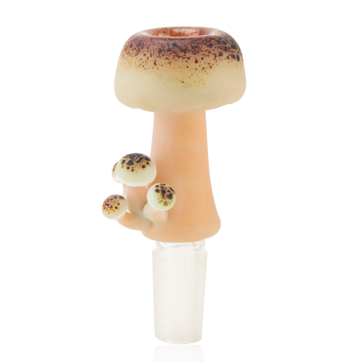Empire Glassworks Mushroom Glow Slide 14mm – speckled cream mushroom bowl piece with peach stem and baby mushrooms, front view