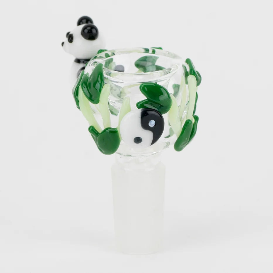 Empire Glassworks Panda Cub Bowl 14mm angled view – yin-yang medallion in the bamboo leaves on a frosted 14mm joint
