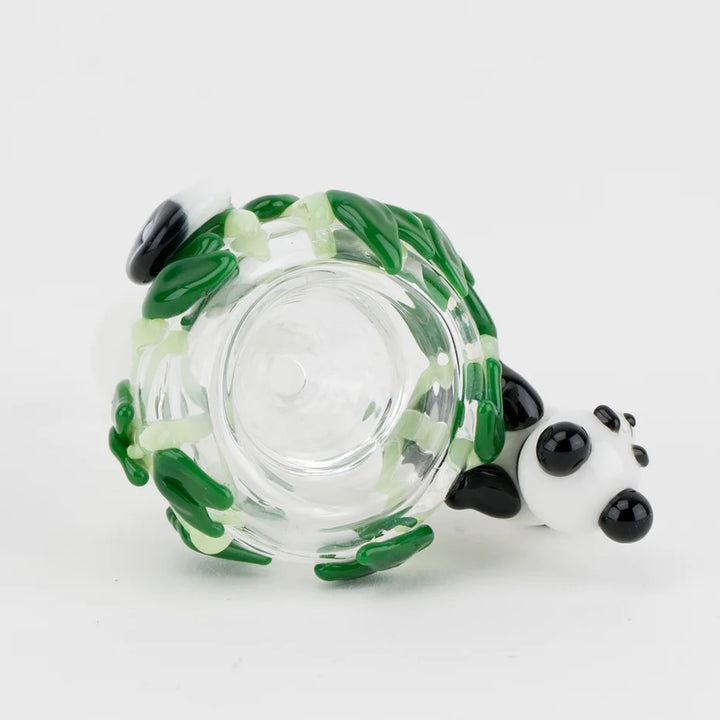 Empire Glassworks Panda Cub Bowl 14mm top view – clear cup with bamboo leaves, panda cub peeking over the rim