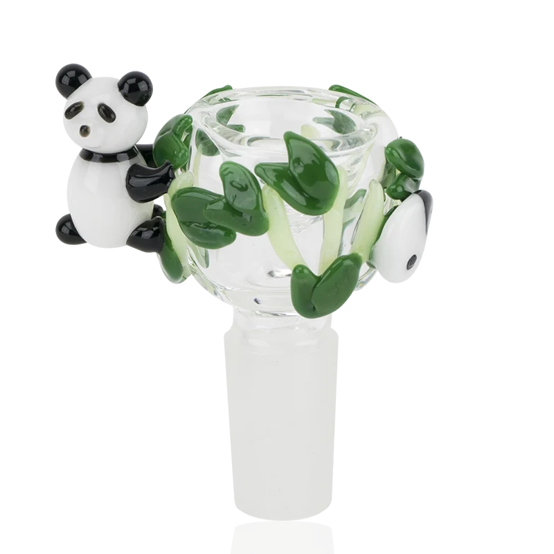 Empire Glassworks Panda Cub Bowl 14mm – clear glass bowl wrapped in green bamboo with a sculpted panda cub climbing the side