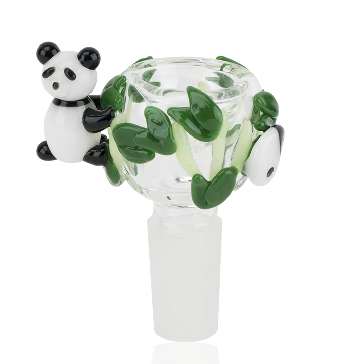 Empire Glassworks Panda Cub Bowl 14mm – clear glass bowl wrapped in green bamboo with a sculpted panda cub climbing the side