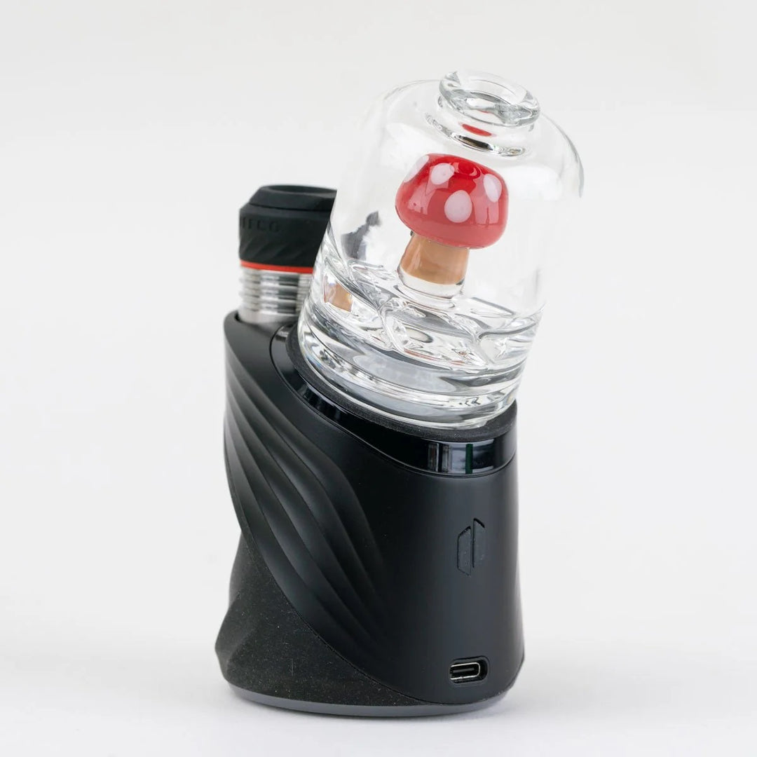 Red Mushroom Puffco Peak Glass Top by Empire Glassworks – shown from back view on Peak Pro.