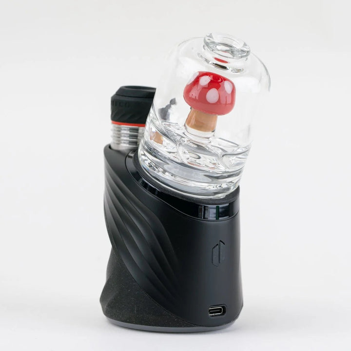 Red Mushroom Puffco Peak Glass Top by Empire Glassworks – shown from back view on Peak Pro.