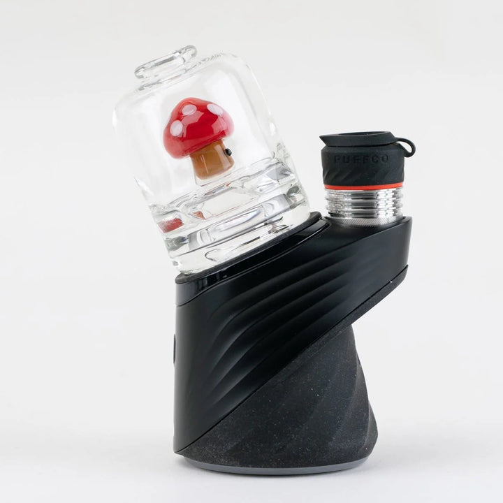 Empire Glassworks Red Mushroom Puffco Peak Top – mounted on Peak Pro facing forward, clear glass body.
