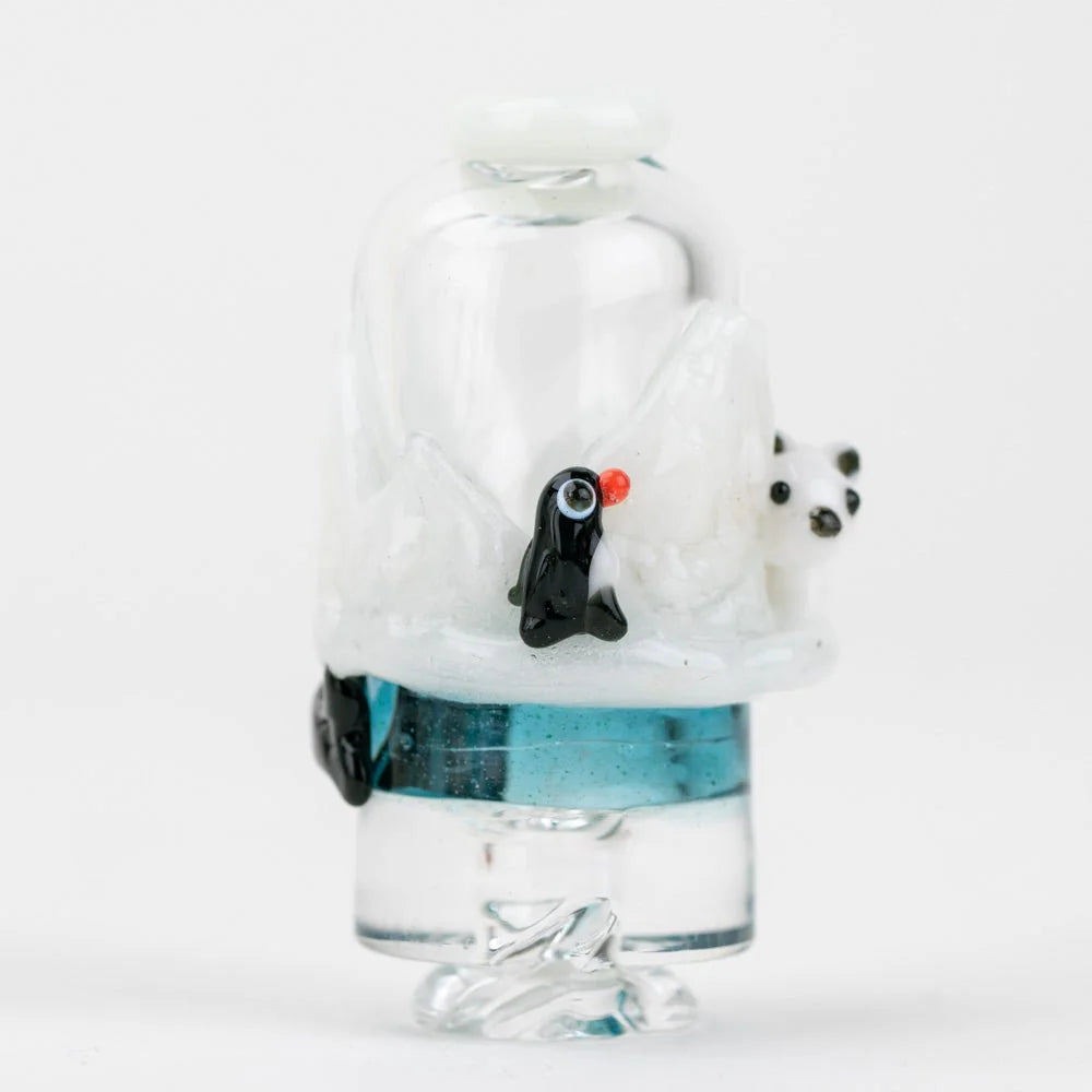 Avenge the Arctic Puffco Pivot Top by Empire Glassworks – polar bear and glacier theme, front-facing.