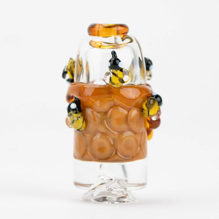 Save the Bees Puffco Pivot glass top by Empire Glassworks – bright honey hive detail, front angle.