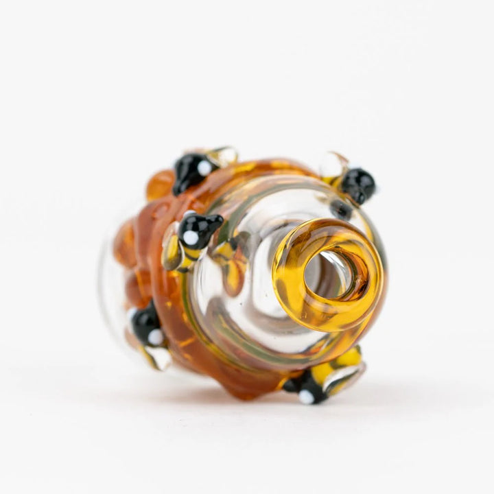 Empire Glassworks Save the Bees Pivot Top – laying image showing honeycomb and bee accents.