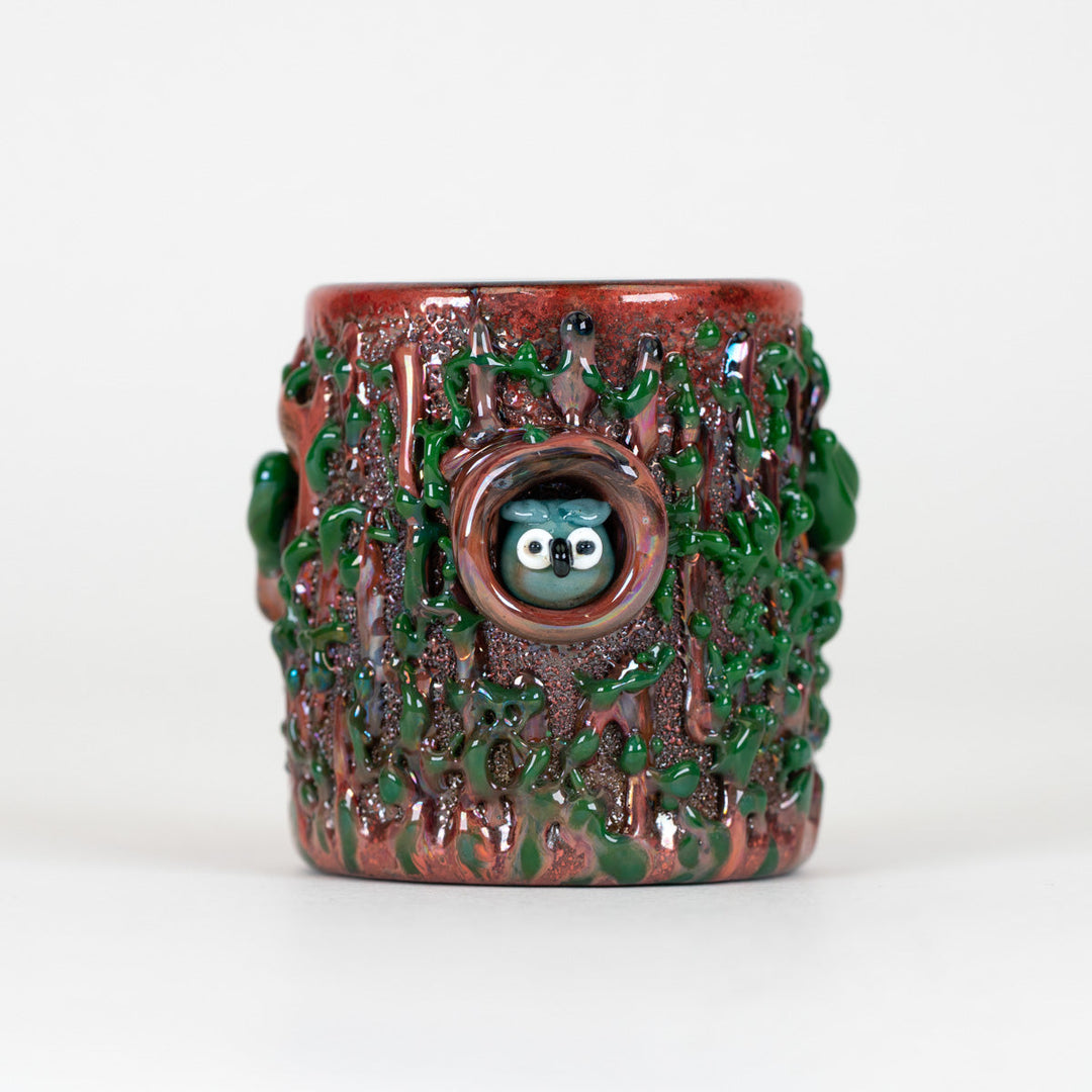 Empire Glassworks Renew The Redwood Puffco Proxy Core Attachment, redwood bark glass on its own with the owl in the hollow.