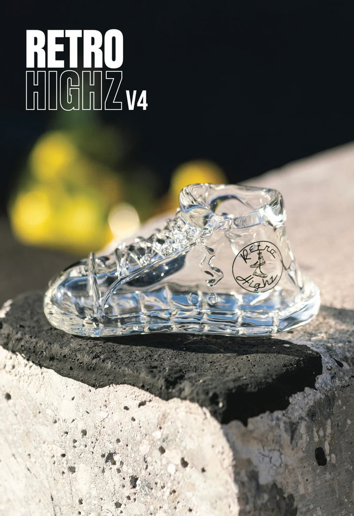 Empire Glassworks Retro Highz Sneaker Pipe in Clear – detailed glass high-top shoe pipe with transparent borosilicate design.
