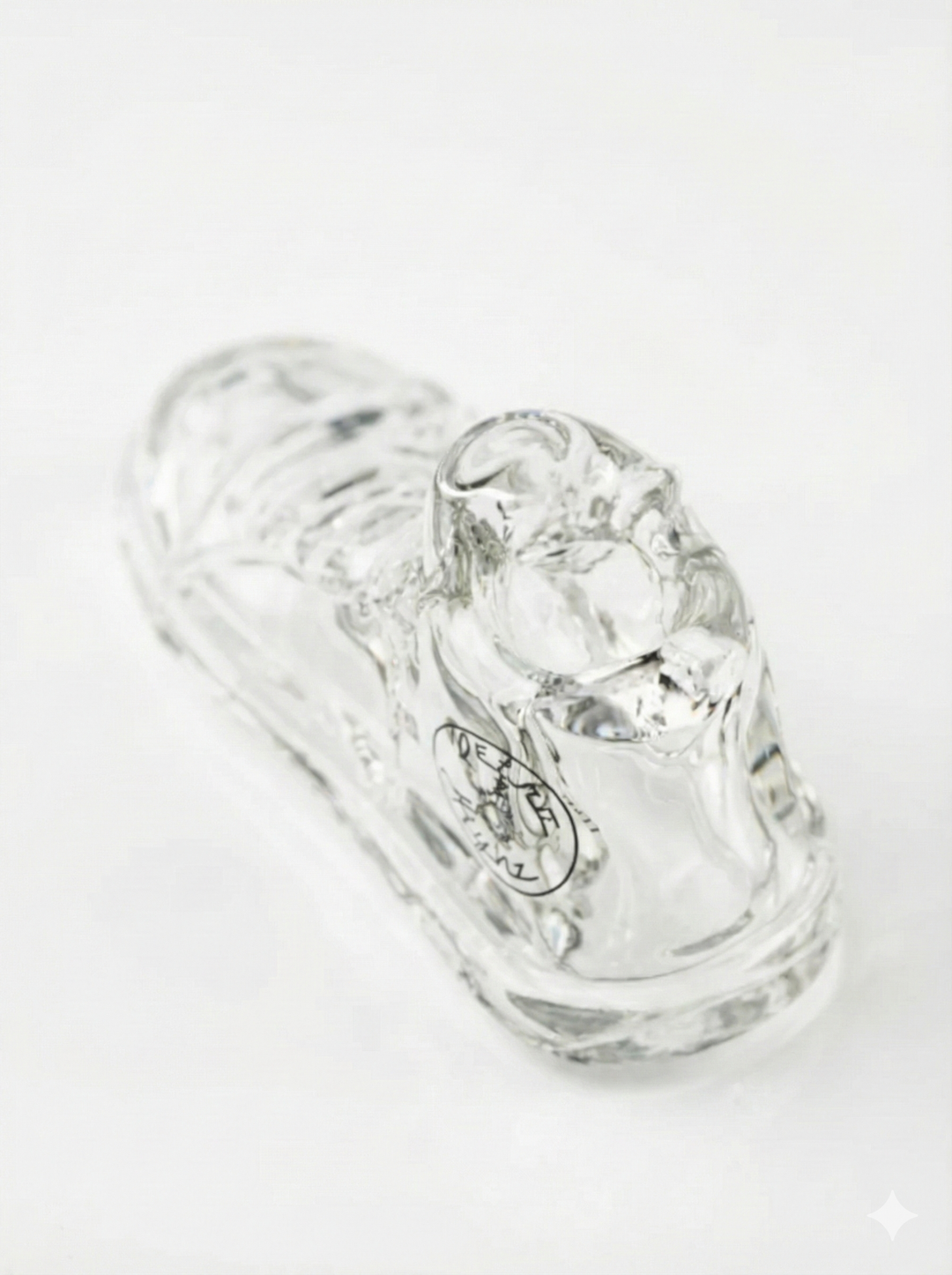Empire Glassworks Clear Retro Highz Sneaker Pipe – close-up highlighting intricate sneaker details in clear borosilicate glass.