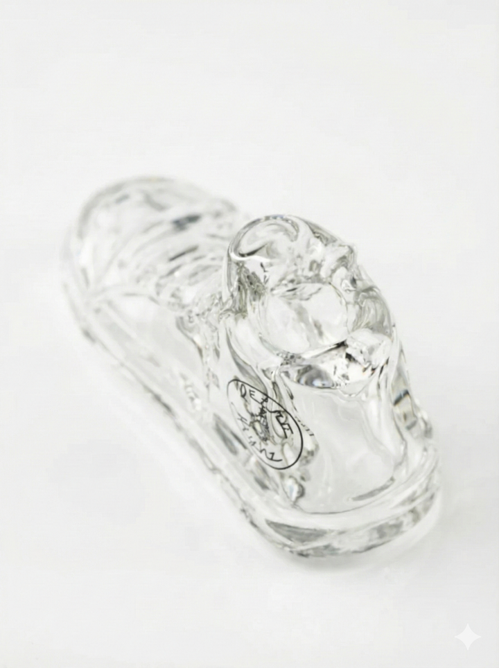 Empire Glassworks Clear Retro Highz Sneaker Pipe – close-up highlighting intricate sneaker details in clear borosilicate glass.