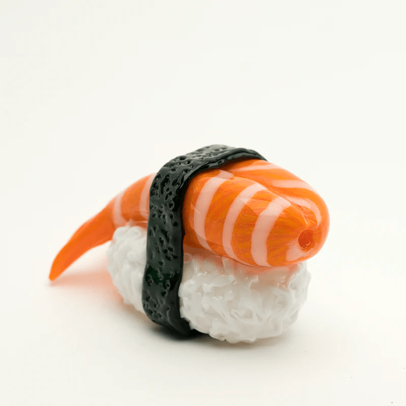 Empire Glassworks - Shrimp Nigiri Pipe shaped like sushi with detailed orange shrimp and white rice design, made from borosilicate glass. Ideal for collectors and smoking enthusiasts.