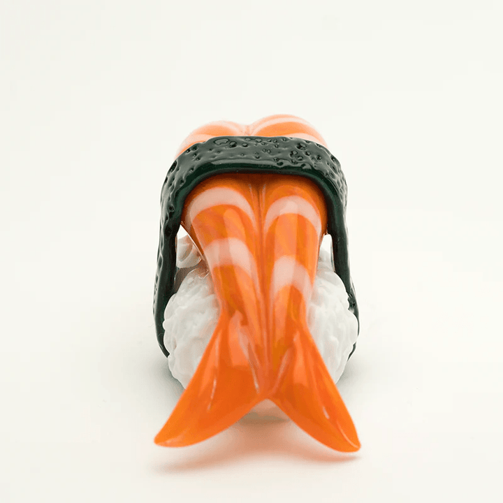 Empire Glassworks Shrimp Nigiri Pipe shaped like sushi with orange shrimp, white rice base, and black seaweed wrap, made from borosilicate glass.