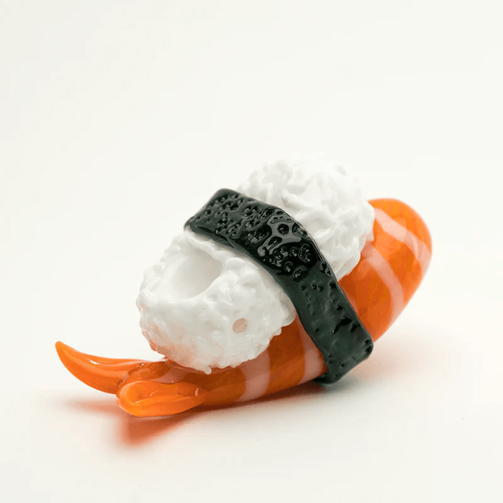 Empire Glassworks Shrimp Nigiri Pipe shaped like sushi, made from borosilicate glass with detailed shrimp, rice, and seaweed design. Unique hand-crafted pipe.