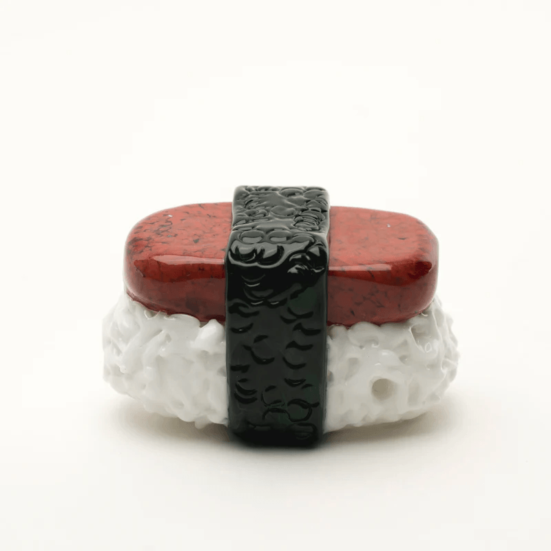 Empire Glassworks - Spam Musubi Pipe designed to resemble sushi with white rice, red spam, and black seaweed wrap. Hand-crafted borosilicate glass pipe.