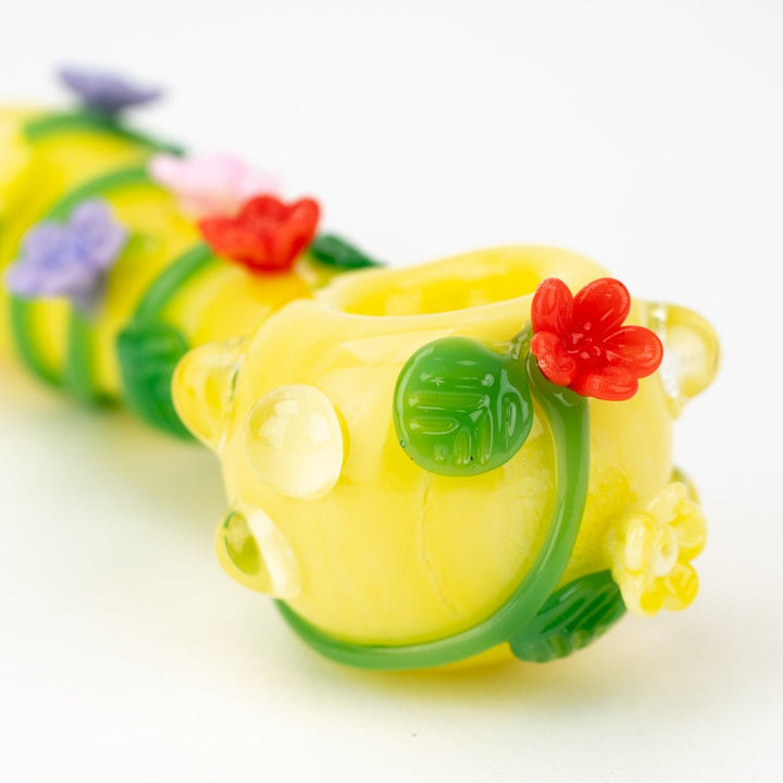 Empire Glassworks Sunshine Garden Pipe Small bowl close-up – yellow bowl head with vines and flowers