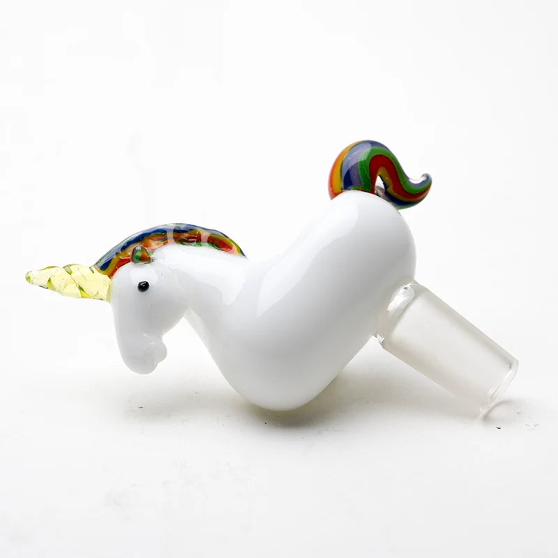 Empire Glassworks Unicorn Slide 14mm left side – white unicorn body, rainbow mane and curled tail, yellow-green horn