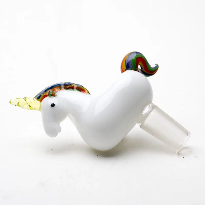 Empire Glassworks Unicorn Slide 14mm left side – white unicorn body, rainbow mane and curled tail, yellow-green horn