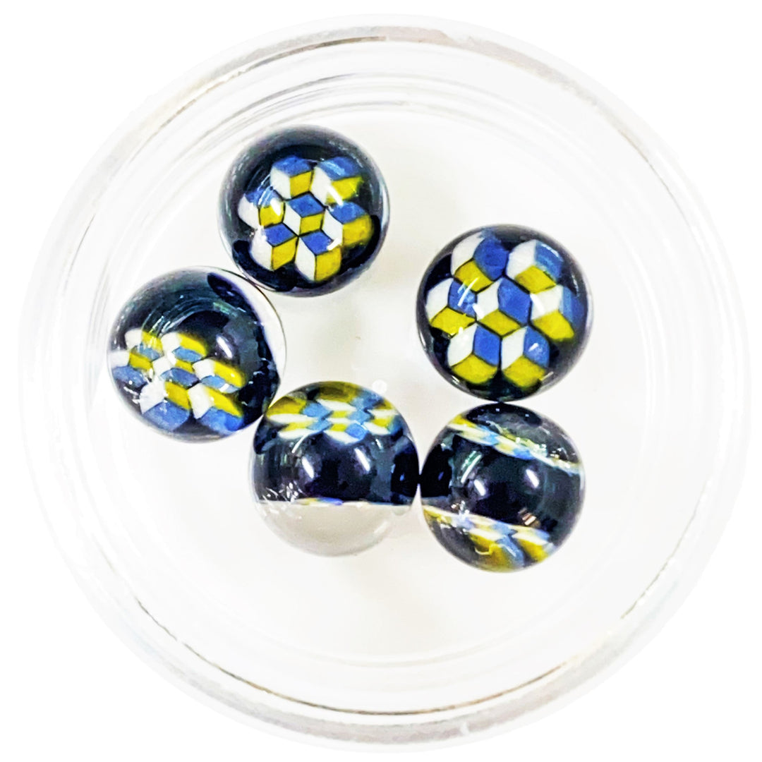 Erik Anders Honeycomb Milli Terp Pearl Black Blue Yellow — heady glass terp pearl with honeycomb cane in tri-color