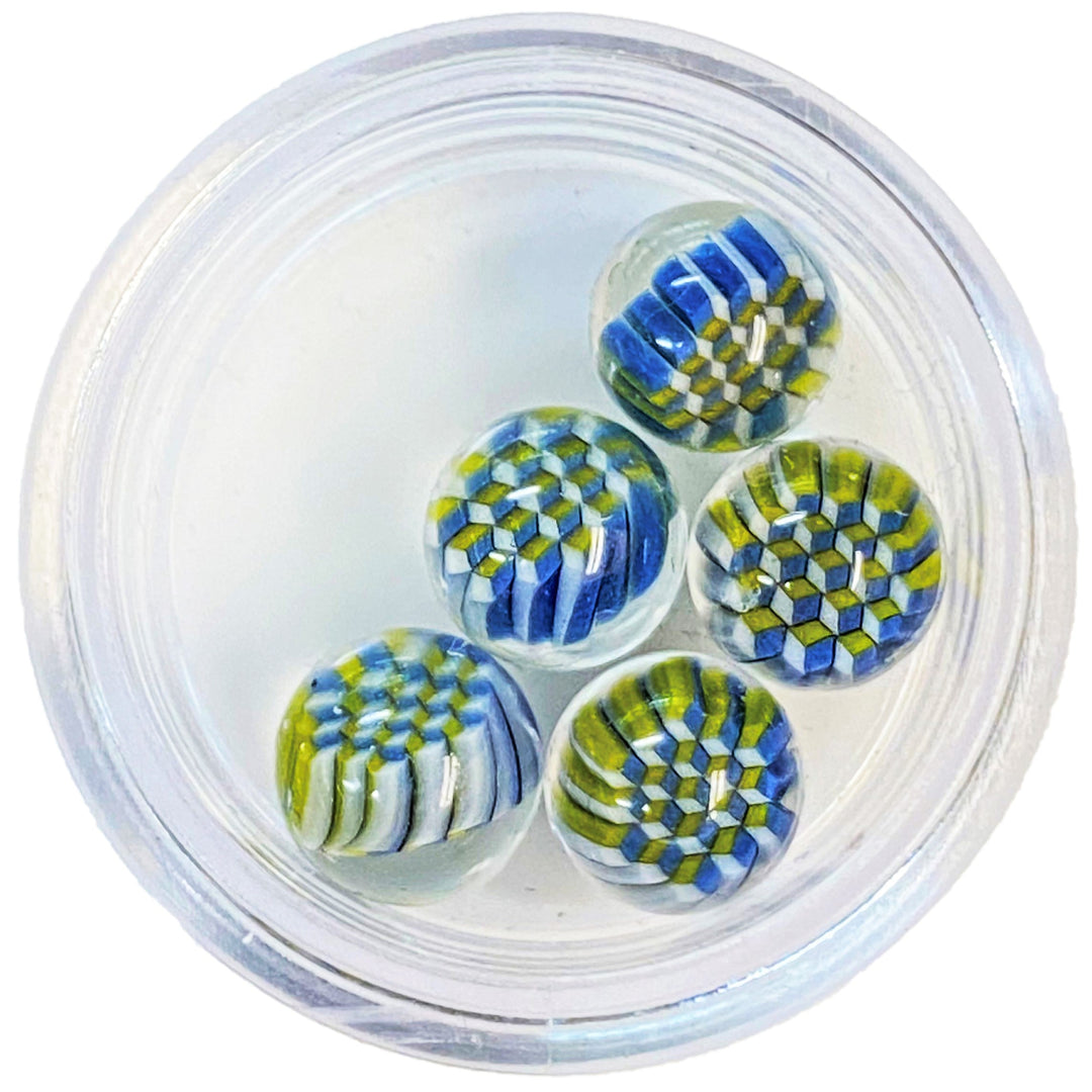 Erik Anders Honeycomb Milli Terp Pearl Blue Yellow — heady glass terp pearl with honeycomb cane in blue and yellow