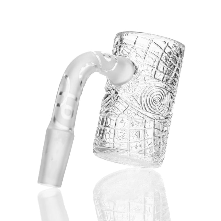 Eternal Quartz 25mm Linework Engraved Banger 10mm Male 90deg — 10mm linework banger from alternate angle