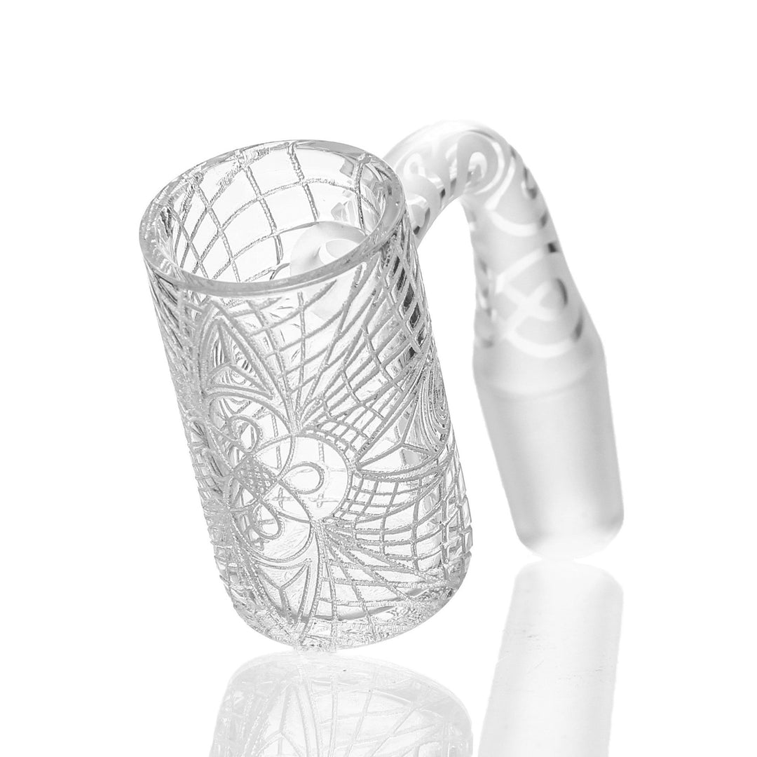 Eternal Quartz 25mm Linework Engraved Banger 14mm Male 90deg — 25mm linework-engraved quartz banger with 14mm male joint at 90 degrees