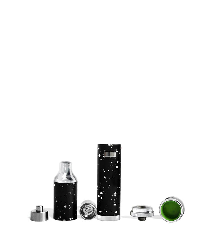 Full accessory layout for Wulf Evolve Plus Black–White Splatter showing charger, coil cap, and accessory components.