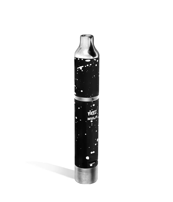 Back view of yocan wulf evolve plus showing the micro usb charging port on the black with white splatter vaporizer