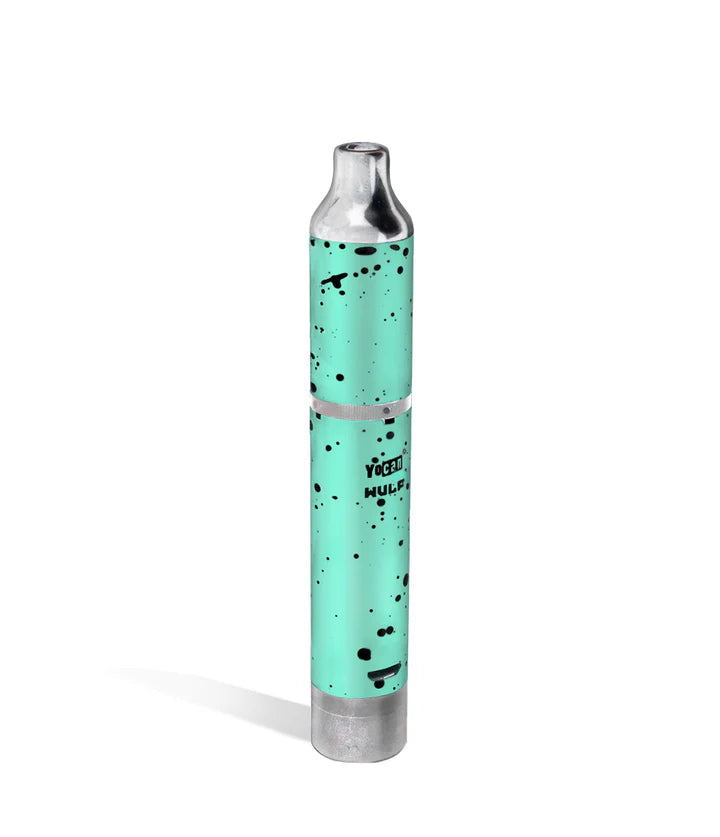 back profile view of yocan wulf evolve plus in teal with black splatter, charging port 