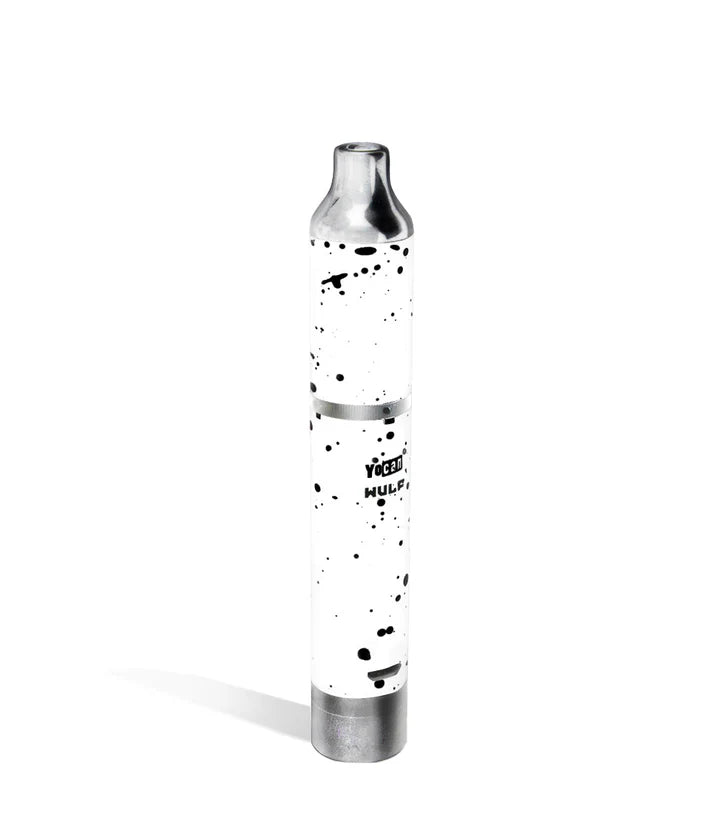 White–Black Splatter Wulf Evolve Plus with mouthpiece detached, exposing atomizer chamber and coil structure.