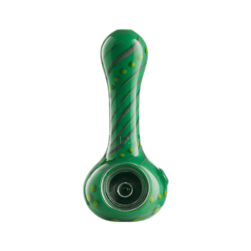 EYCE - Silicone ORAFLEX Spoon Pipe - Floral in green with yellow dots and black swirl pattern, showcasing durable silicone pipe design.