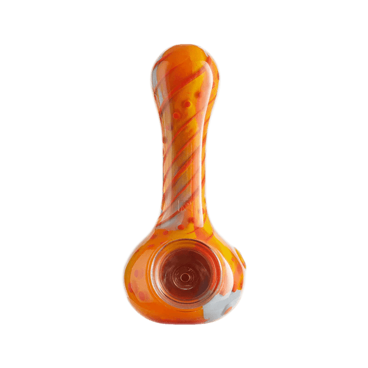 EYCE - Silicone ORAFLEX Spoon Pipe - Floral in vibrant orange with red and white swirl design, made from platinum-cured silicone for durability.