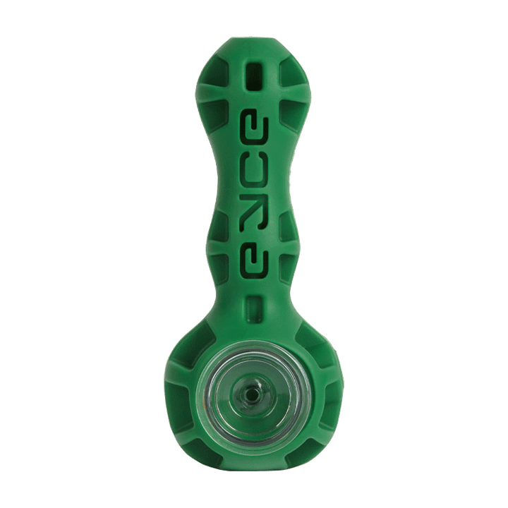Eyce - Silicone Spoon in solid green, portable and flexible silicone pipe with ergonomic grip and removable glass bowl.