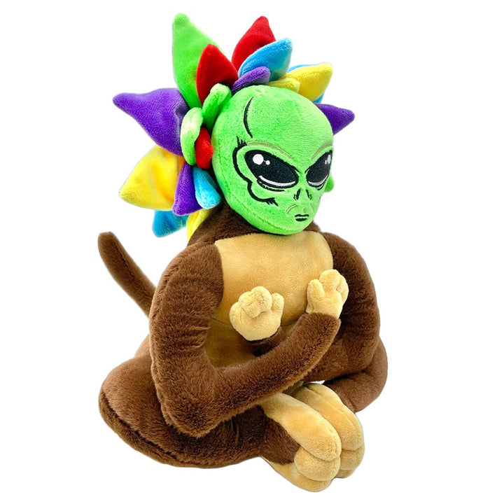 Colorful alien-monkey plush toy with green face and rainbow spikes, included with the AFM 18" Beaker - 9mm Beaker for a unique smoking accessory.